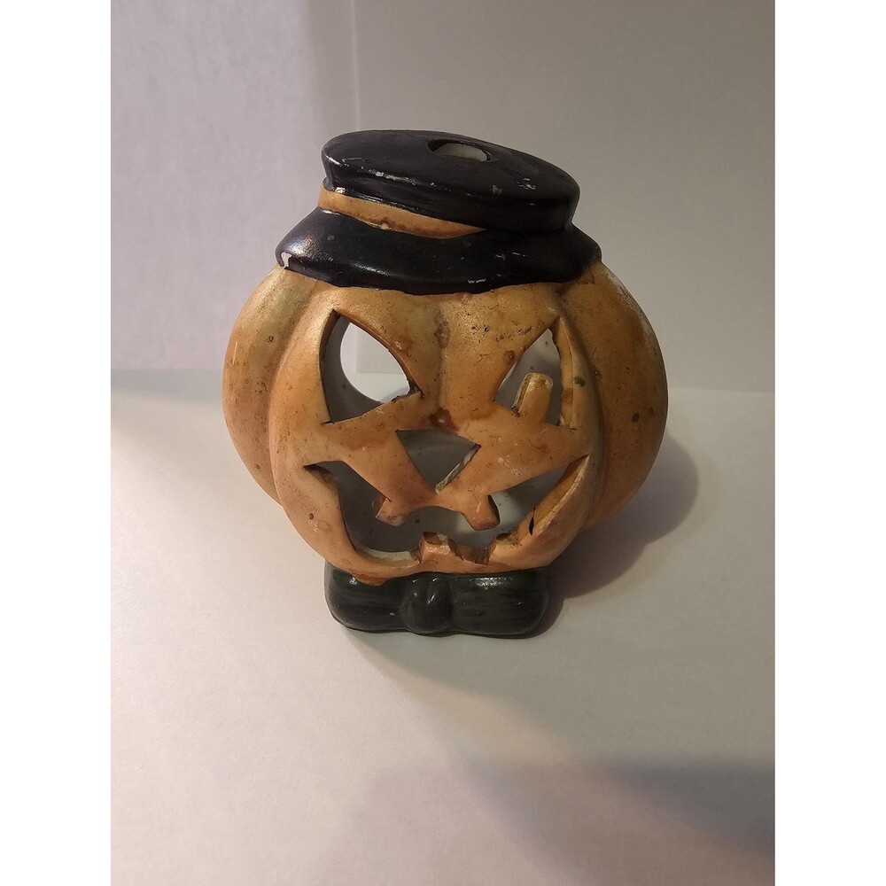 Vintage Cute Spooky Ceramic Tealight Halloween Orange Pumpkin Decor Antique